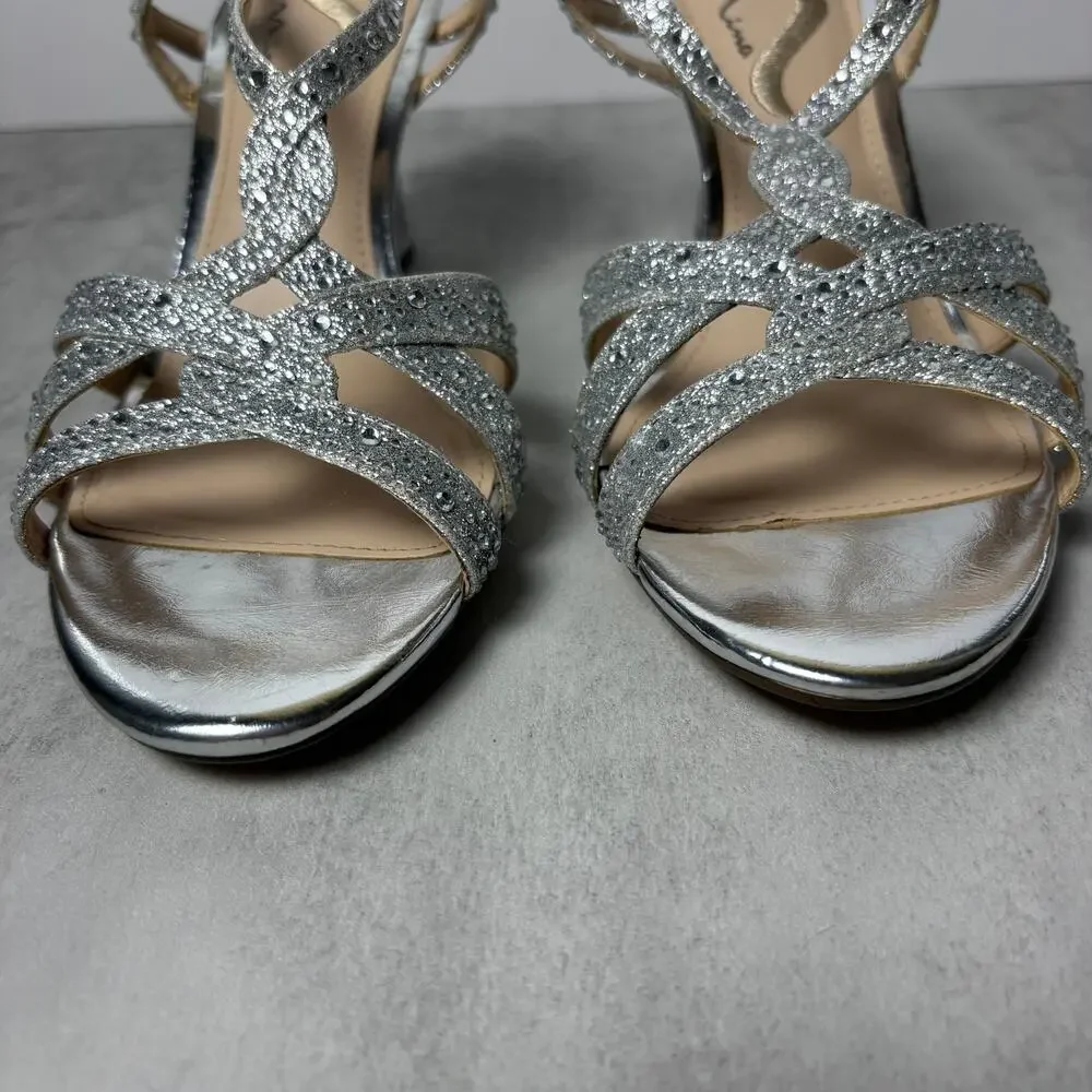 Nina Vanida Wedge Strappy Silver Glitter Rhinestone Dress Sandal Women's 9.5 - Picture 4 of 12